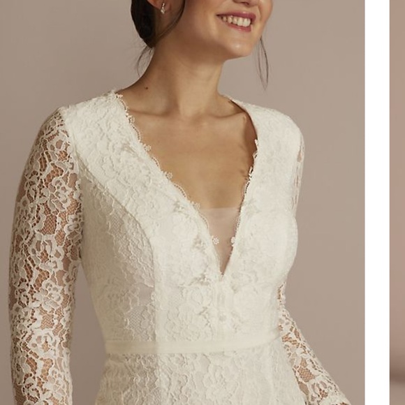 David’s Bridal long sleeve illusion v-neck short dress - Picture 2 of 3